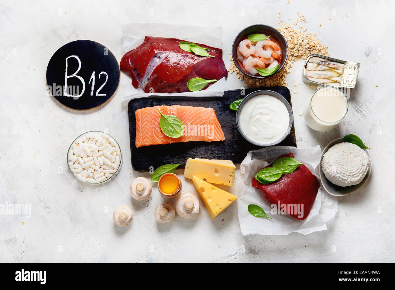 Natural sources of Vitamin B12 (Cobalamin) for normalization of sleep;  ensuring normal brain function; supporting the respiratory system;  alzheimer' Stock Photo