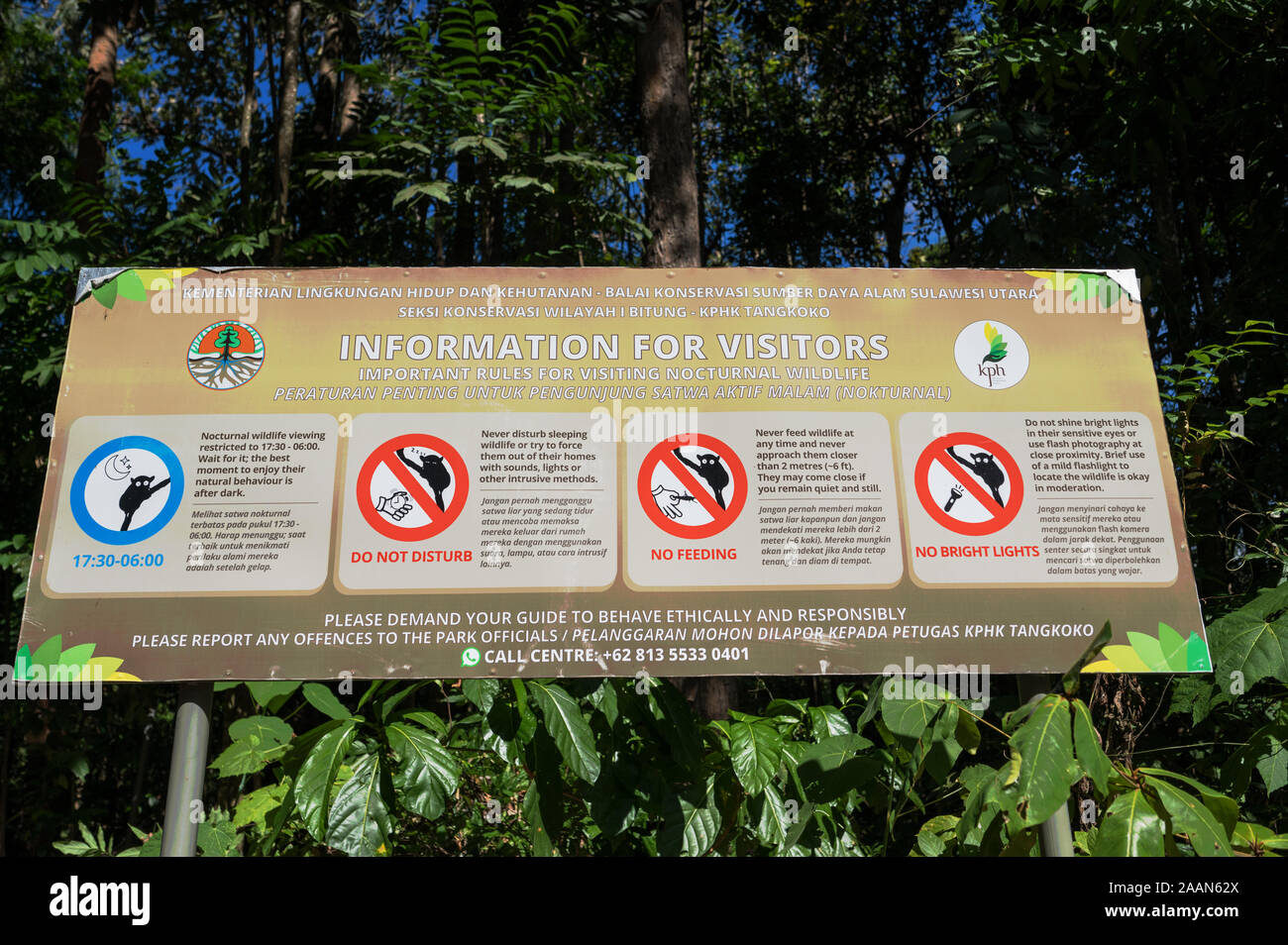 Information signboard Tangkoko National Park Sulawesi Indonesia Stock Photo