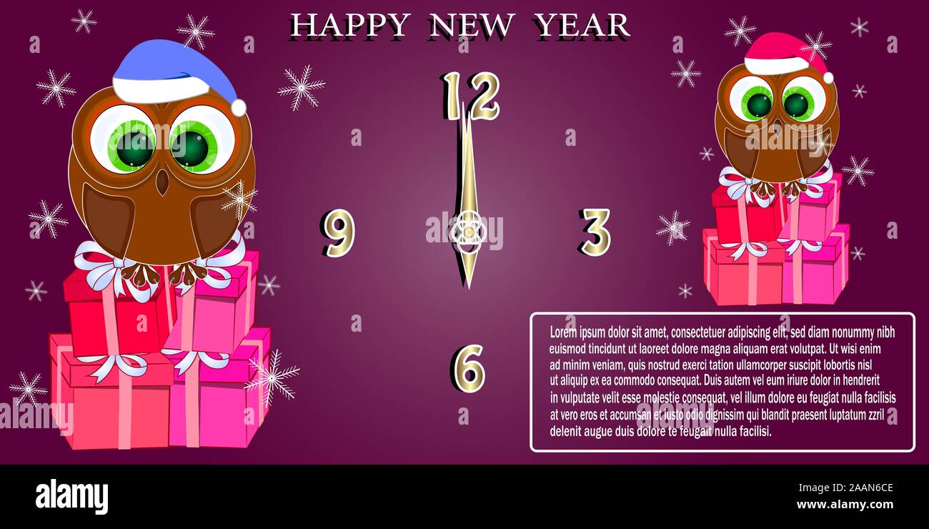 Greeting card happy new year with owls and gift boxes. vector ...