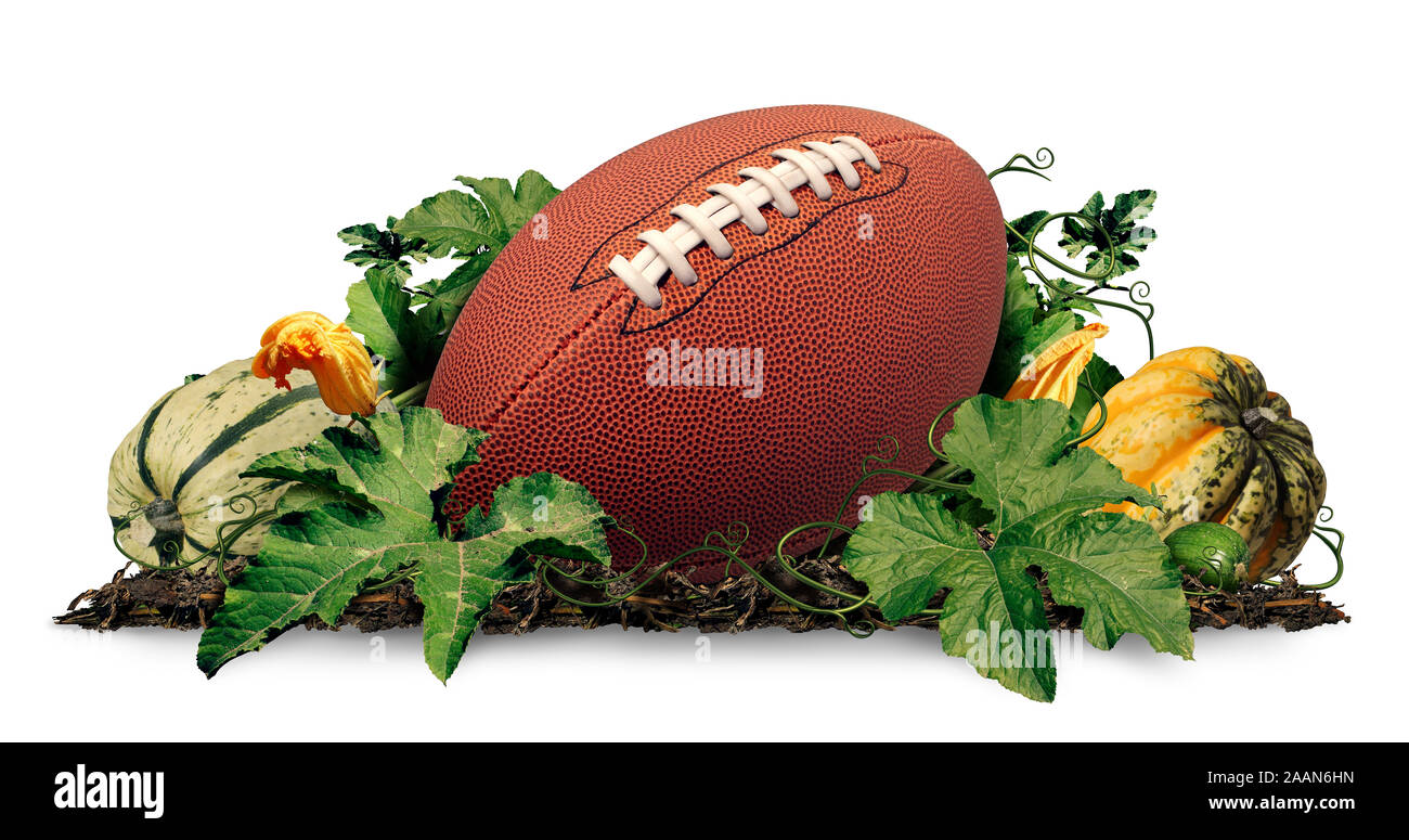 Thanksgiving football and autumn sports during harvest time with a holiday tournament ball in a pile of pumpkins and squash as a concept. Stock Photo