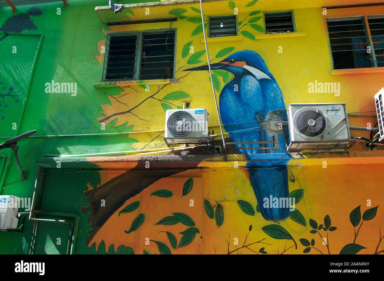 Bukit Bintang, Kuala Lumpur, Malaysia - 10th May 2019 : Close up picture of a Mural representing a blue King Fisher bird located in the colorful mural Stock Photo