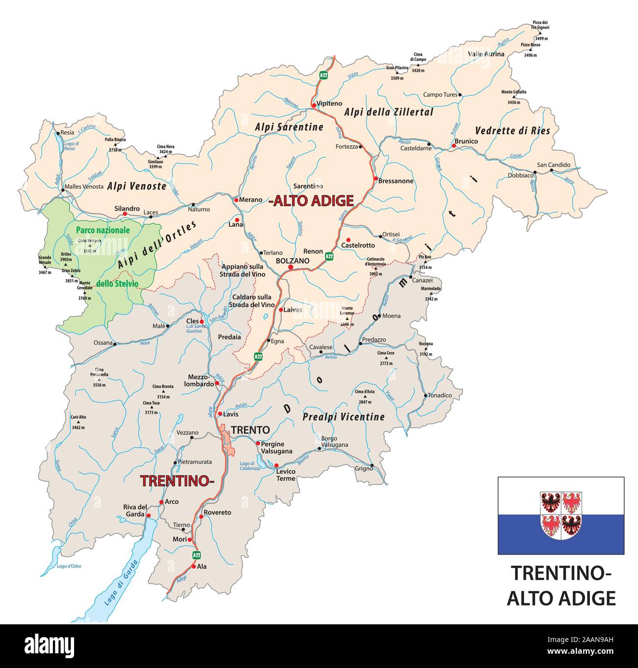 Road map of the italian region Trentino Alto Adige with flag Stock Vector