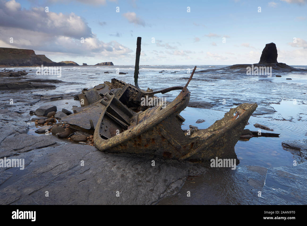 The wreck of Admiral von Tromp, Black Nab, Saltwick Bay, Whitby, North Yorkshire, East Coast, England. Stock Photo