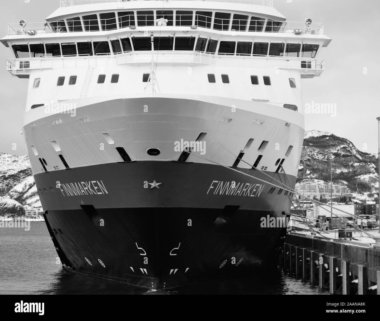 Bodø Norway March 19 2017: Black and White Hurtigruten cruise ship MS Finnmarken docked Stock Photo