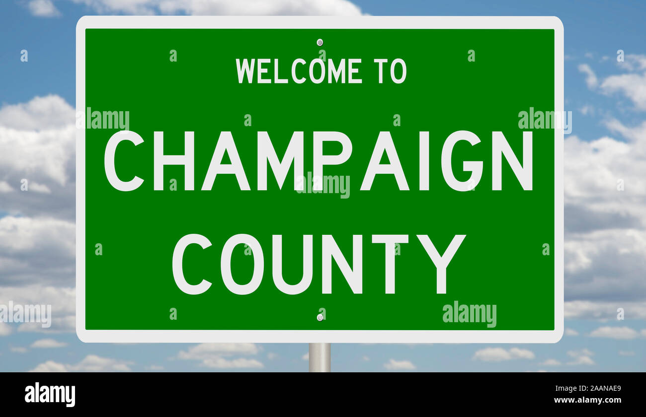 Rendering of a green 3d highway sign for Champaign County Stock Photo