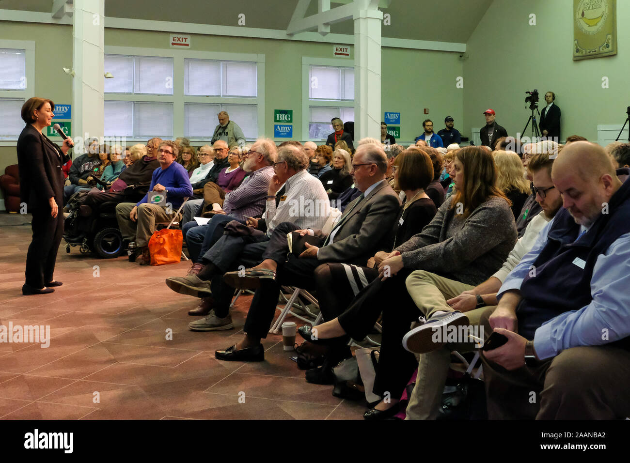 Presidential candidate Amy Klobuchar addresses her supporters at New England College in Henniker. Stock Photo