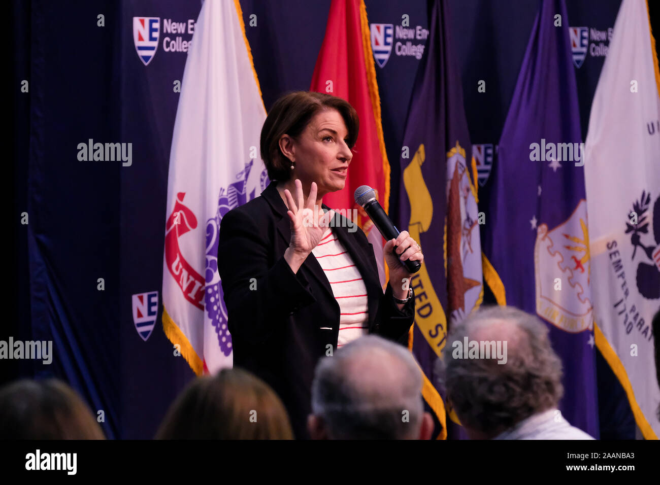 Presidential candidate Amy Klobuchar addresses her supporters at New England College in Henniker. Stock Photo