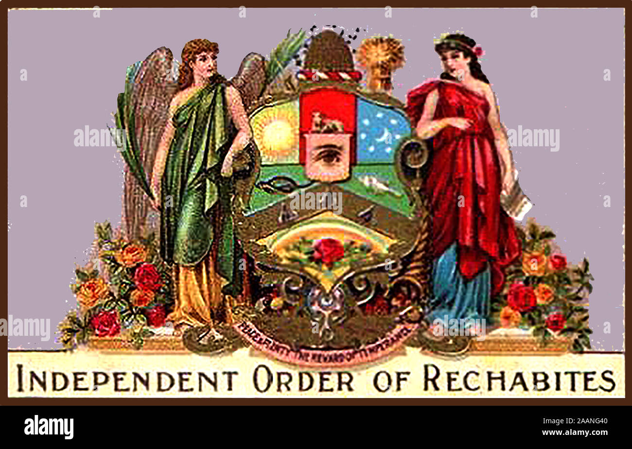 PROHIBITION / TEETOTALISM /  MOONSHINE / ABSTINENCE - An historic illustration showing the arms & symbols of the Independent Order of Rechabites. Stock Photo