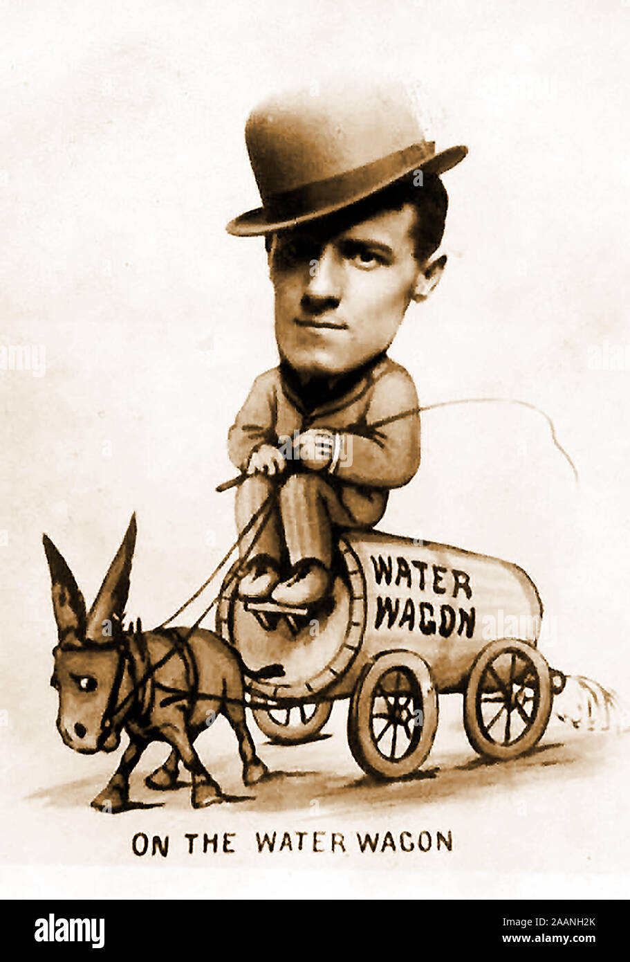 PROHIBITION / TEETOTALISM /  MOONSHINE / ABSTINENCE - Political cartoon in the days of national prohibition in the USA (1920's -30's). A man rides a donkey driven water wagon Stock Photo