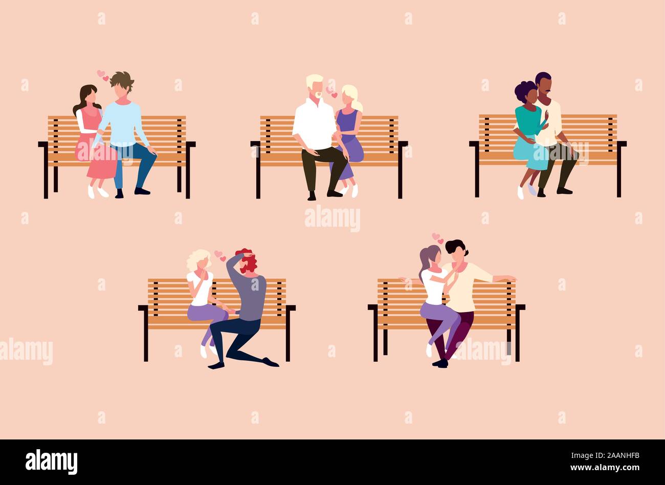 set of couples sitting in the park chair vector illustration design ...