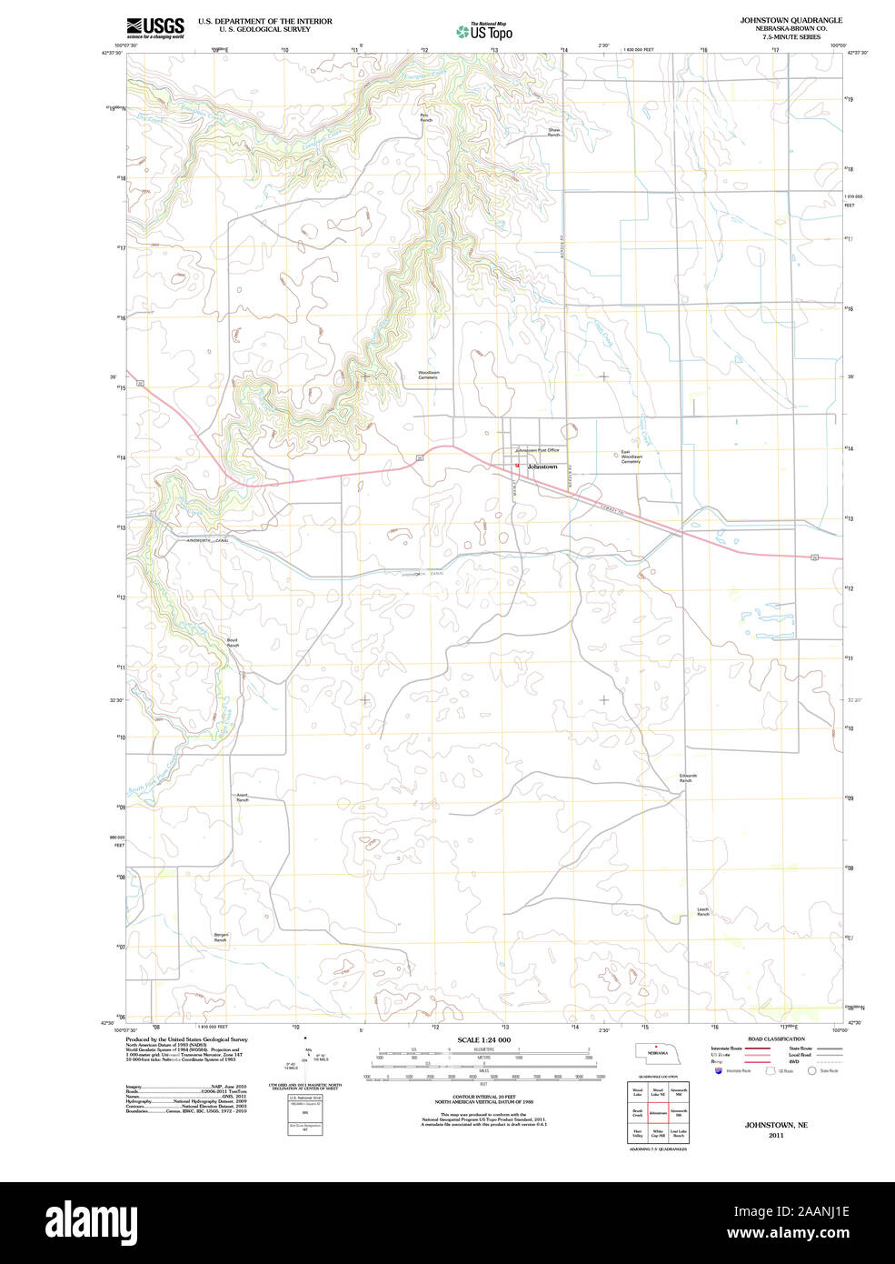 USGS TOPO Map Nebraska NE Johnstown 20111027 TM Restoration Stock Photo