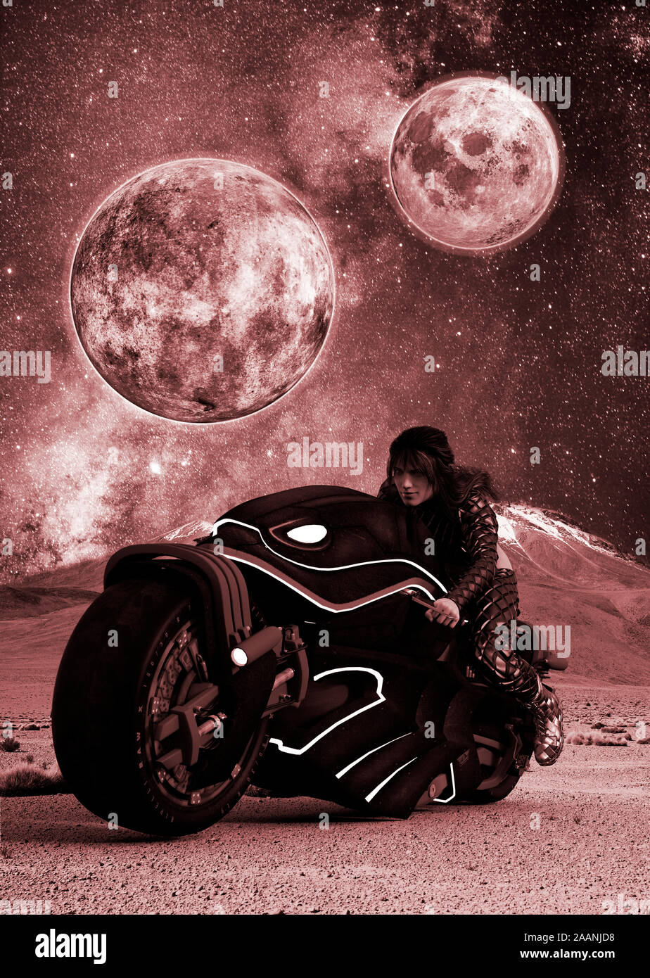 Girl on motorcycle. Abstract alien background. Red planet illustration Stock Photo