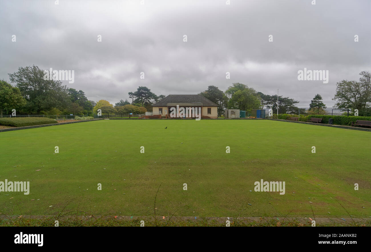 The Clubhouse of the Parc Howard Bowling Club in Llanelli on a dreary wet day in September. Stock Photo