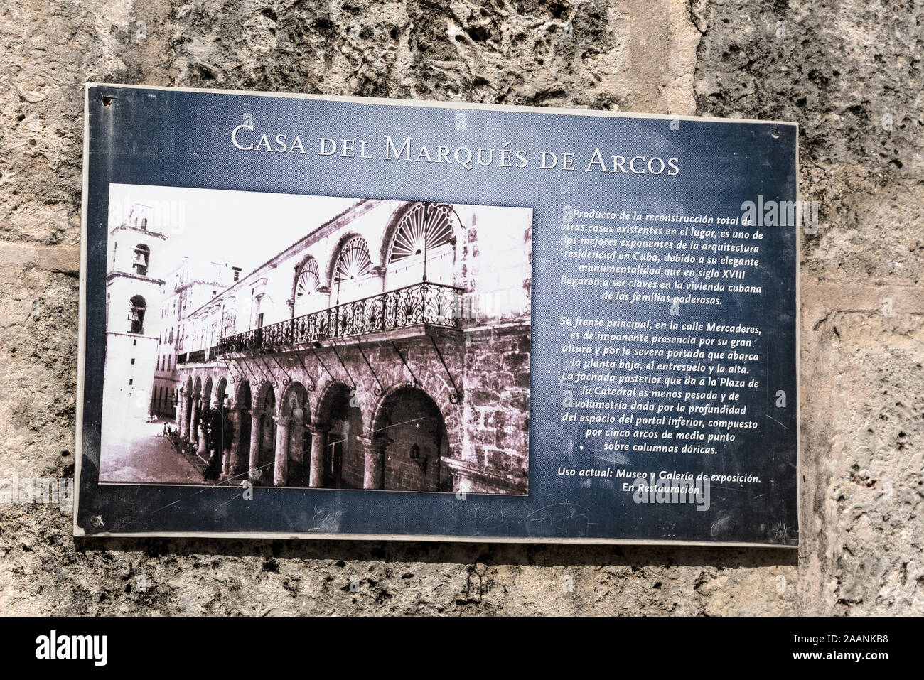 A wall plaque - Casa Del Marques De Arcos - 17th century Palacio del Marques de Arcos, a long high arch building in Plaza de la Catedral in old town H Stock Photo