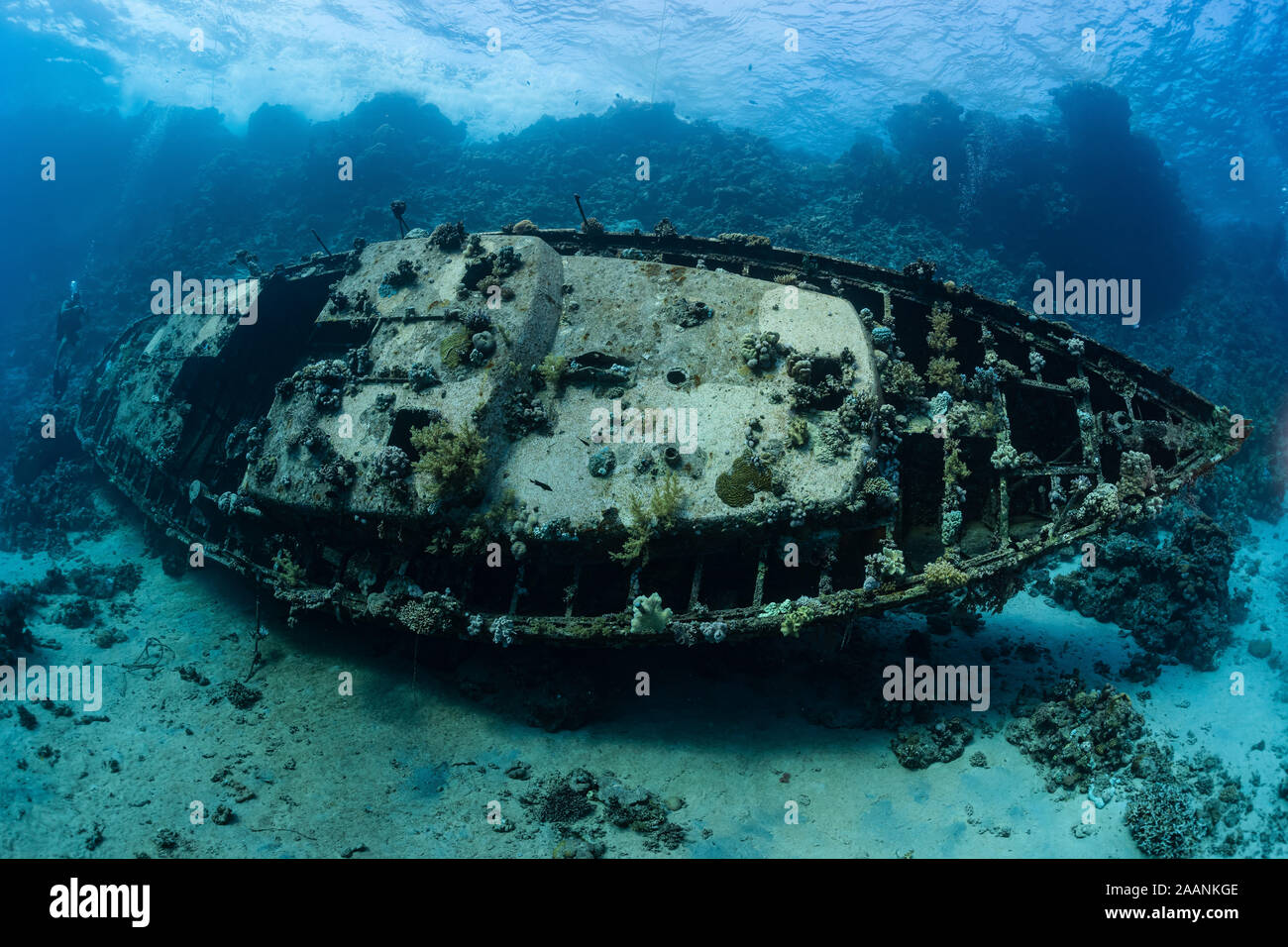 divers visiting an underwater wreck of a metal sailboat on a reef in the Rea Sea, Egypt Stock Photo