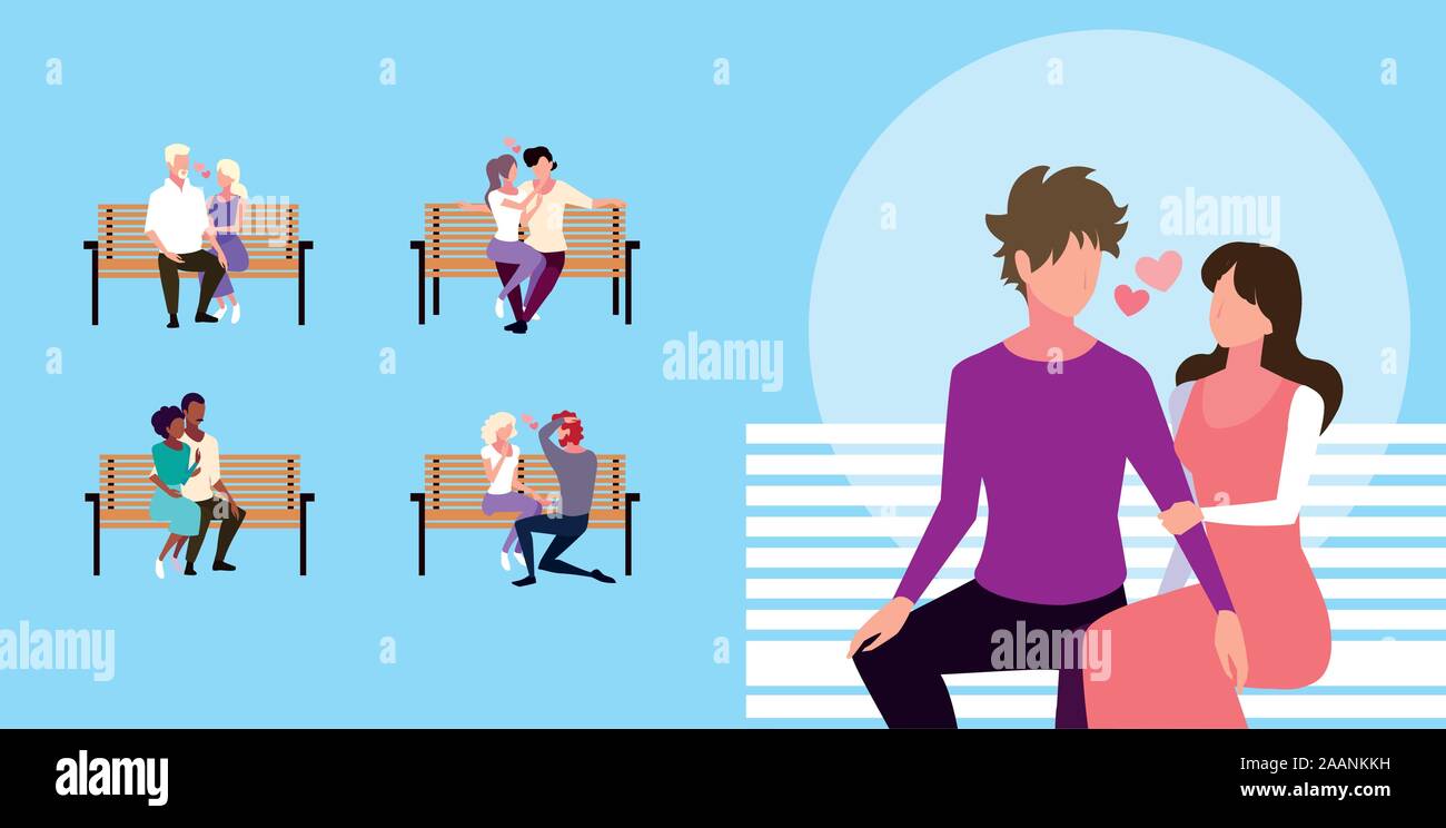 set of couples sitting in the park chair vector illustration design ...