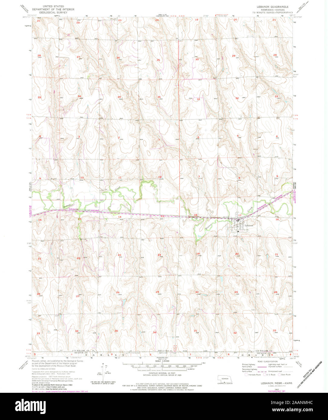 USGS TOPO Map Nebraska NE Lebanon 316627 1957 24000 Restoration Stock Photo