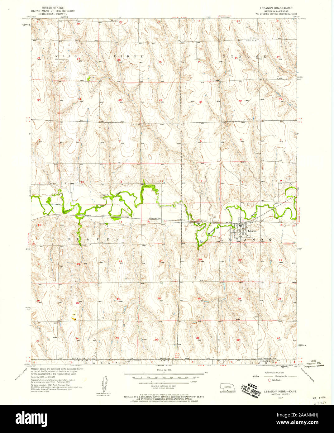 USGS TOPO Map Nebraska NE Lebanon 316625 1957 24000 Restoration Stock Photo