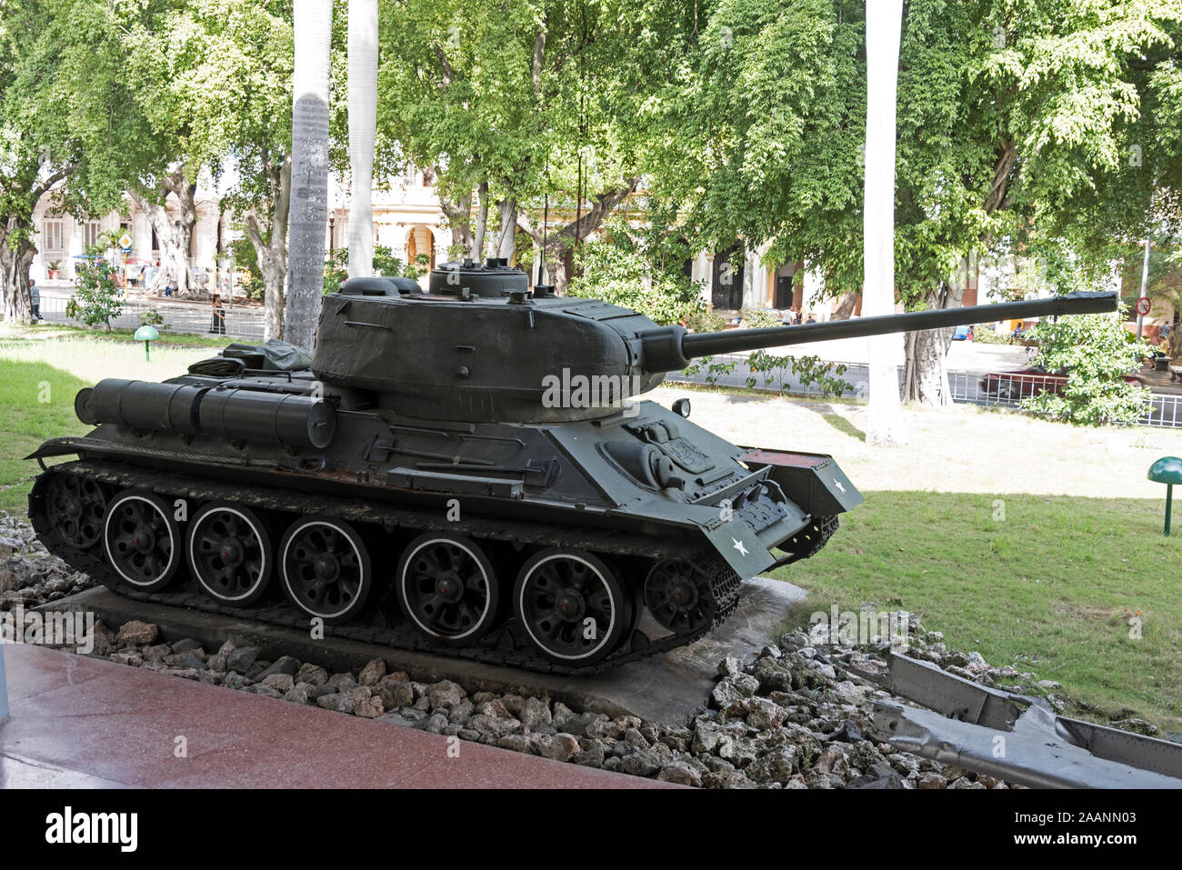 The Russian-built Tank T-34 was used by Fidel Castro during the battle of the Bay of Pigs in Cuba in 1961.   His tank badly damaged the American troop Stock Photo
