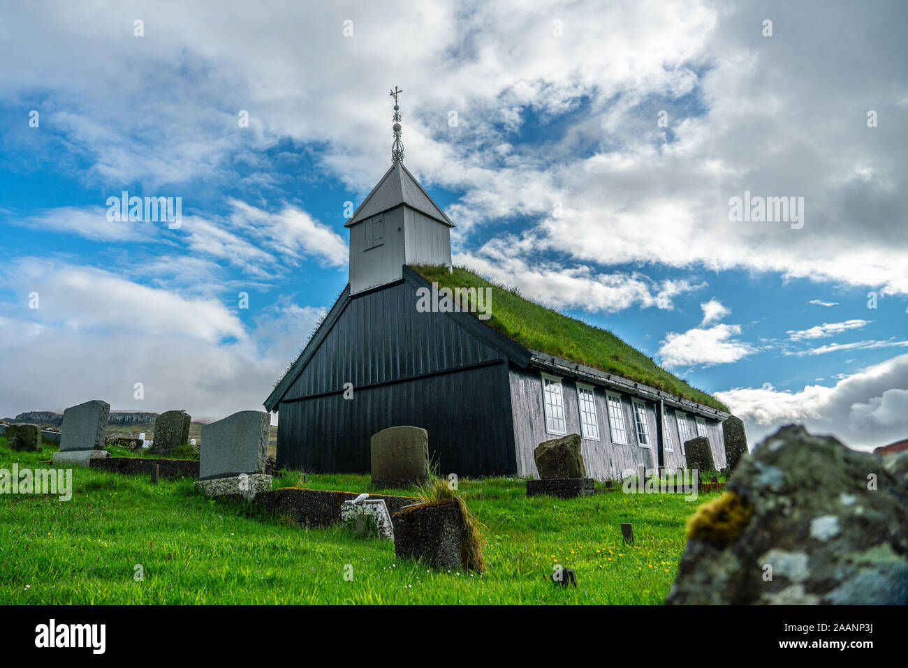 Church of Kaldbak (Kaldbak Kirkja) and graveyard in Streymoy island, Faroe Islands Stock Photo