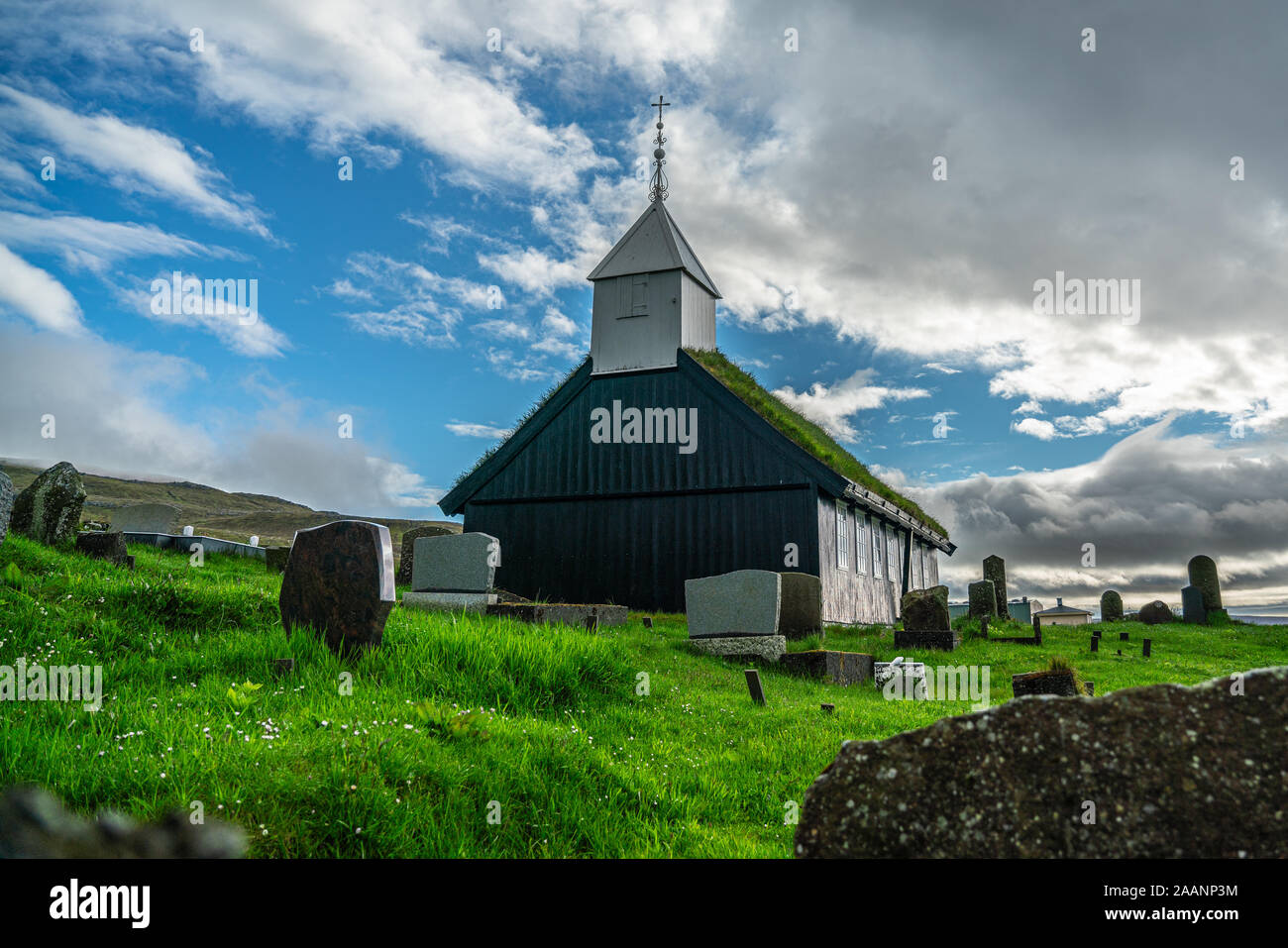 Church of Kaldbak (Kaldbak Kirkja) and graveyard in Streymoy island, Faroe Islands Stock Photo