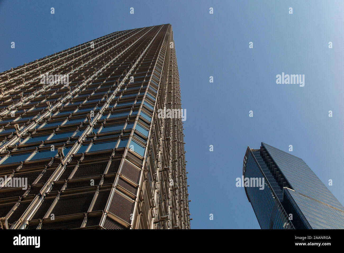 Looking up at Two International Finance Center, Hong Kong.  2IFC skyscraper. Architect César Pelli, Central Hong Kong Stock Photo