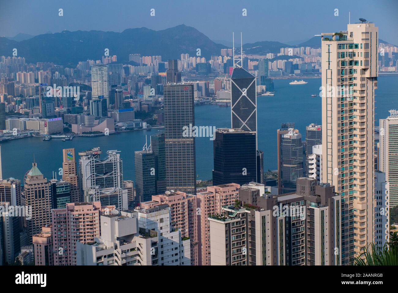 Hong Kong Central and the high rise building including the Bank of China taken from The Peak on Hong Kong Island Stock Photo