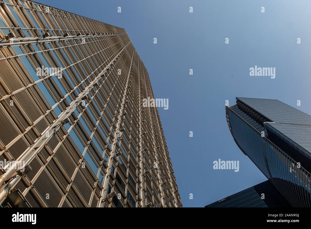 Looking up at Two International Finance Center, Hong Kong.  2IFC skyscraper. Architect César Pelli, Central Hong Kong Stock Photo