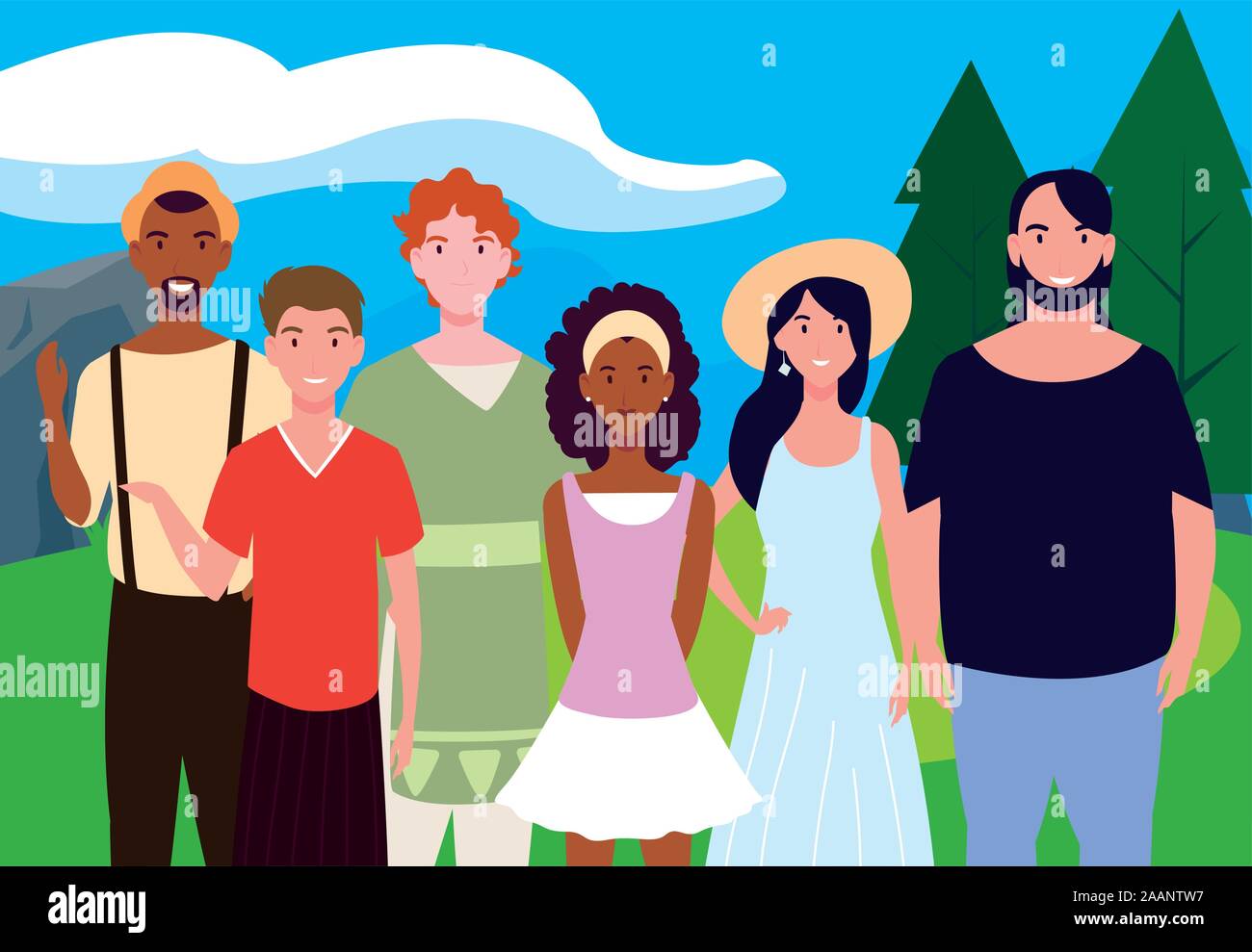 group of people with background landscape vector illustration design Stock Vector