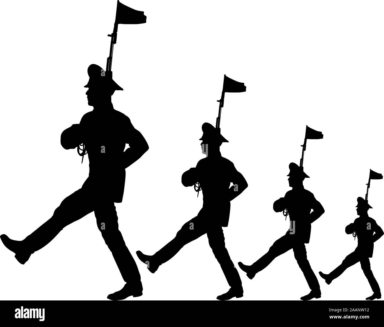 Black silhouette soldier is marching with arms on parade. Stock Vector