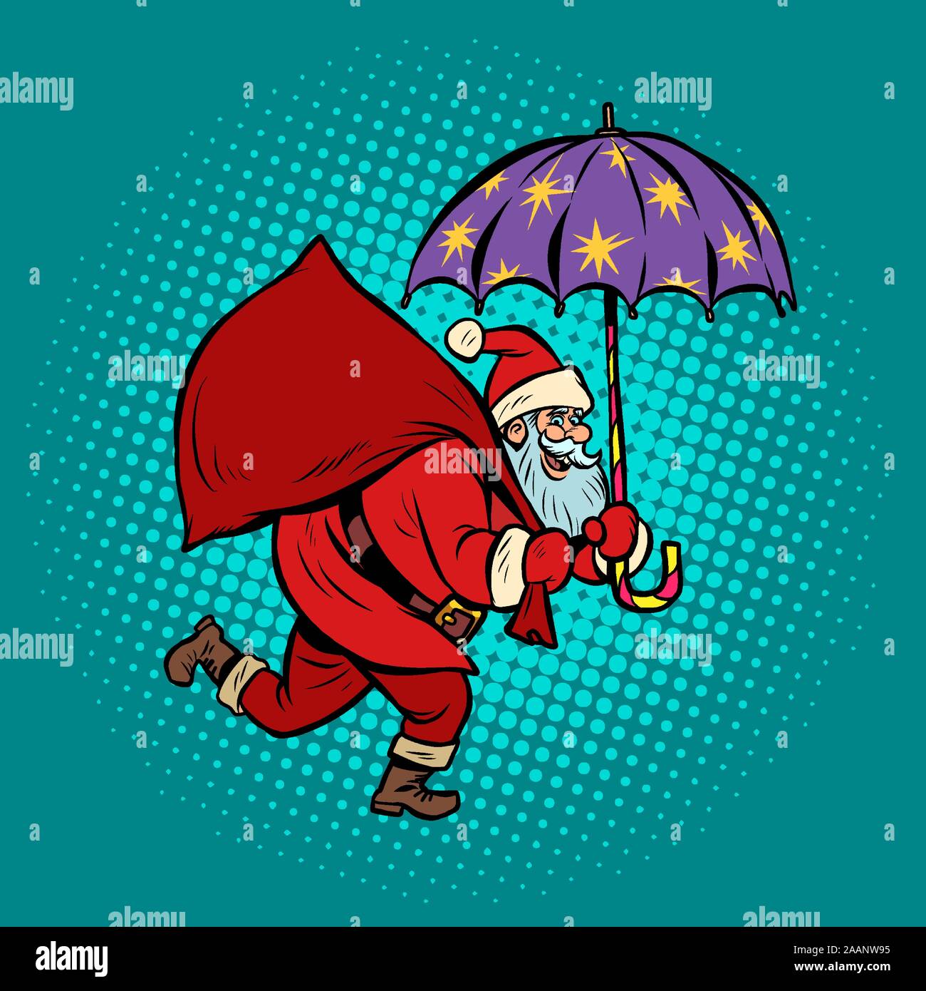 Santa Claus with star umbrella, magical night. Christmas and New year Stock Vector