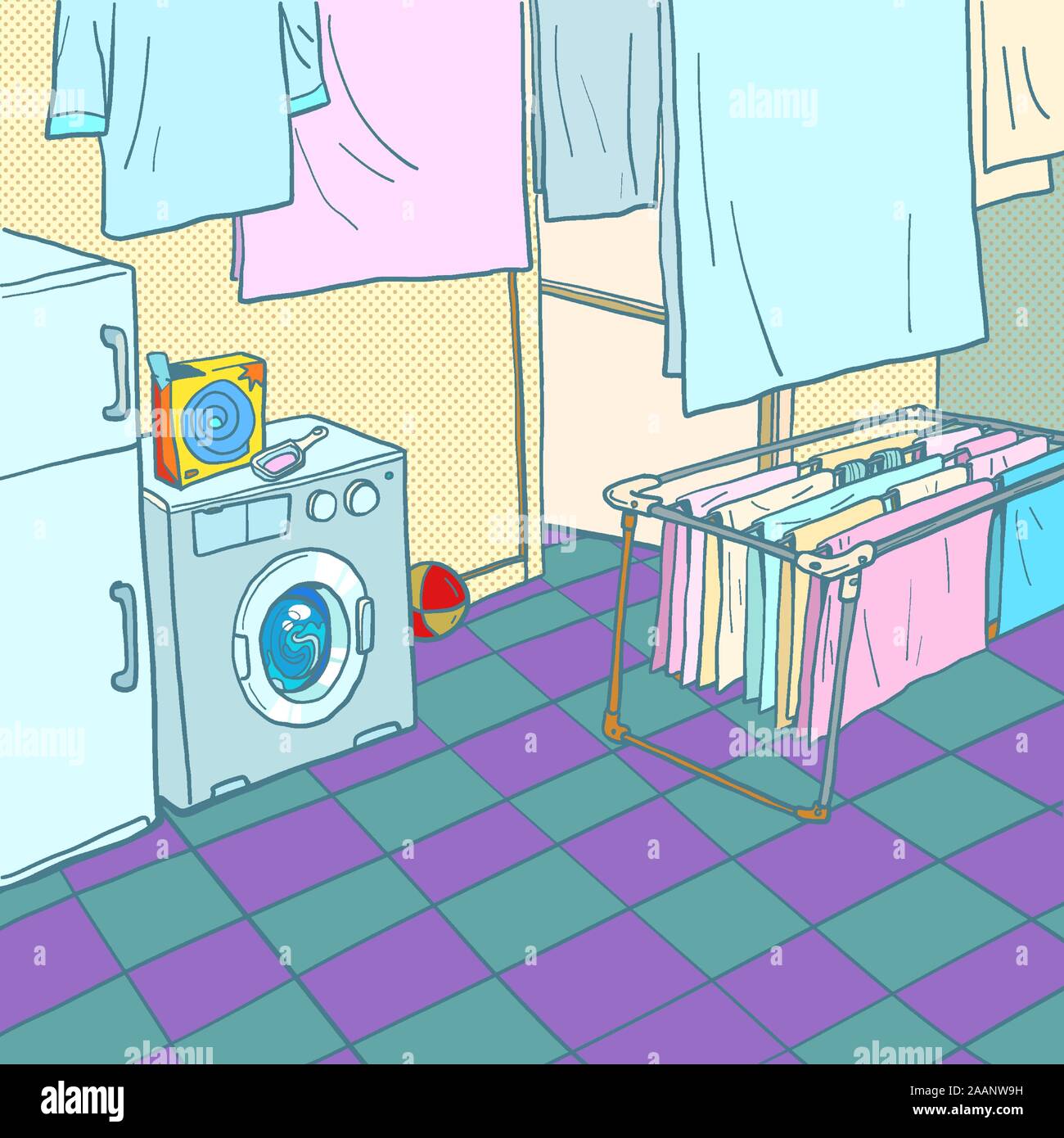 Home washing and drying. Washing machine Stock Vector