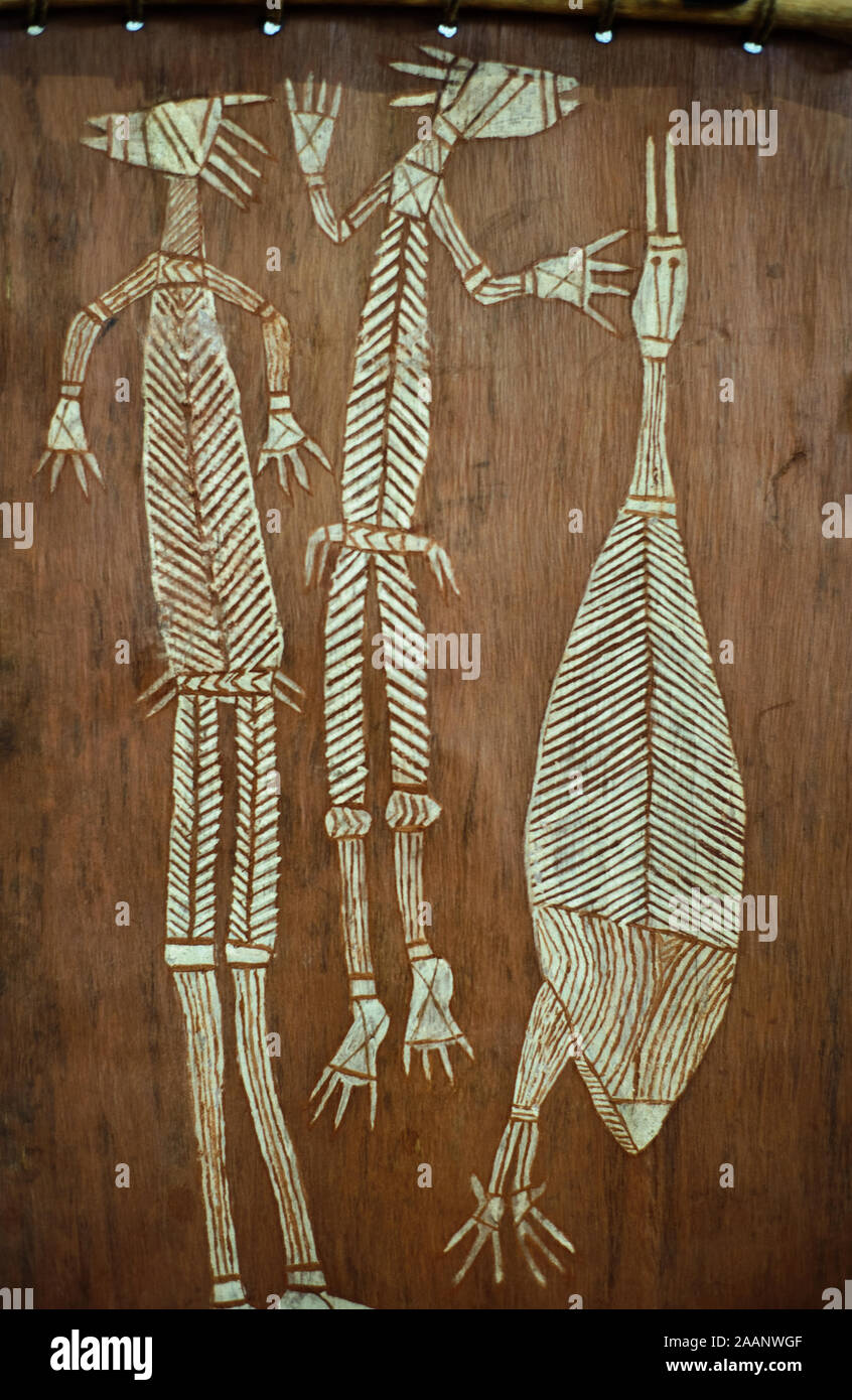 Aboriginal art by Samuel Ganarradj Manggudja ( XX° century artist, Australia). The bark painting is representing Mimi and Jabiru spirits ( France) Stock Photo