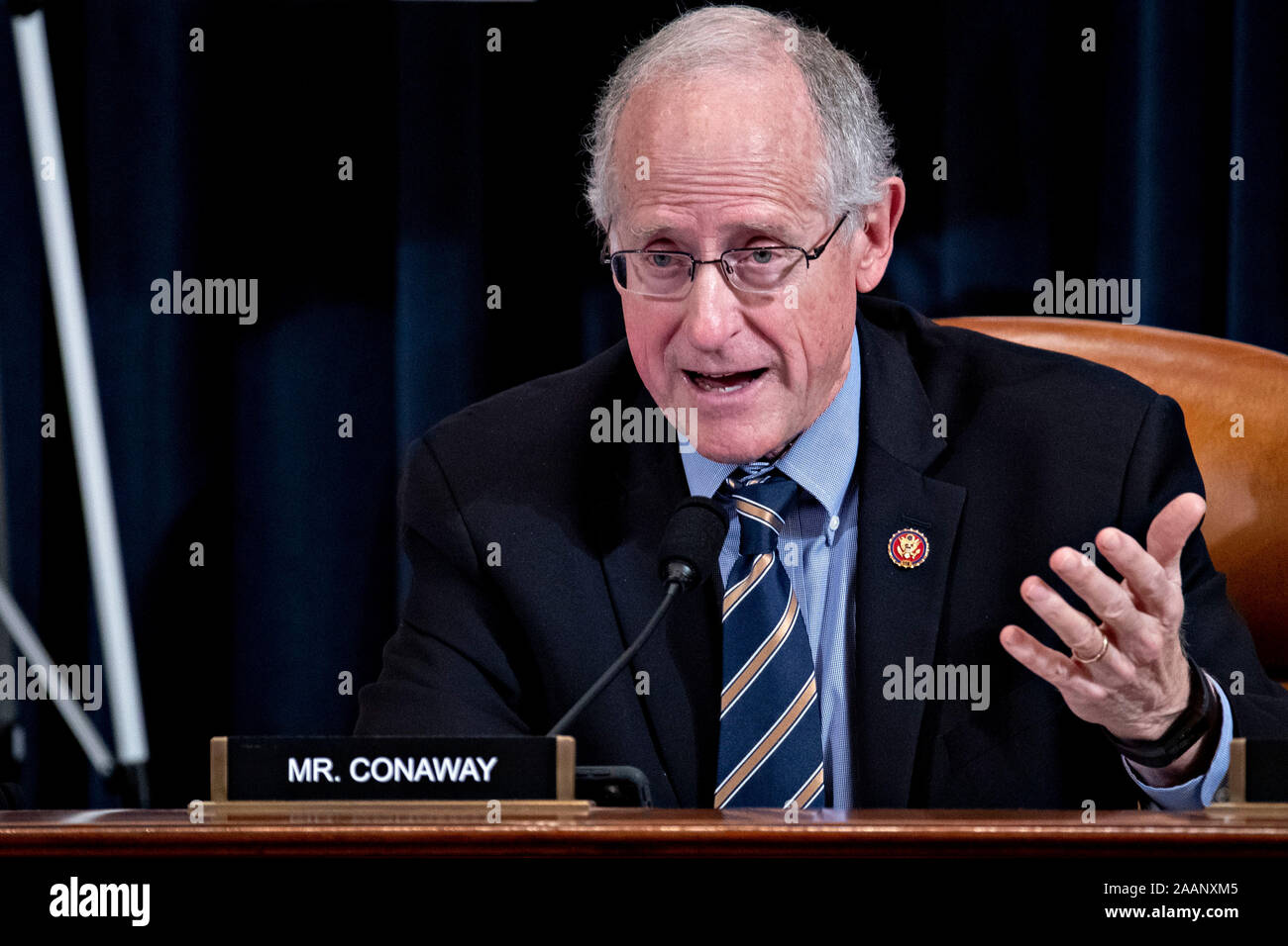 Washington, DC, USA. 21st Nov, 2019. United States Representative Mike Conaway (Republican of Texas), questions witnesses during a US House Intelligence Committee impeachment inquiry hearing in Washington, DC, U.S., on Thursday, Nov. 21, 2019. The committee heard from nine witnesses in open hearings this week in the impeachment inquiry into US President Donald J. Trump.Credit: Andrew Harrer/Pool via CNP | usage worldwide Credit: dpa/Alamy Live News Stock Photo