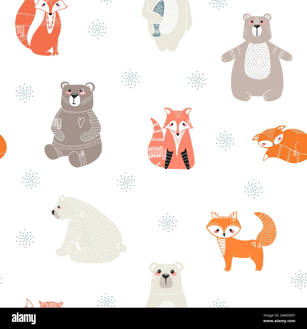 Seamless pattern with cute bears, foxs and different elements. Vector illustration in scandinavian style. Stock Vector