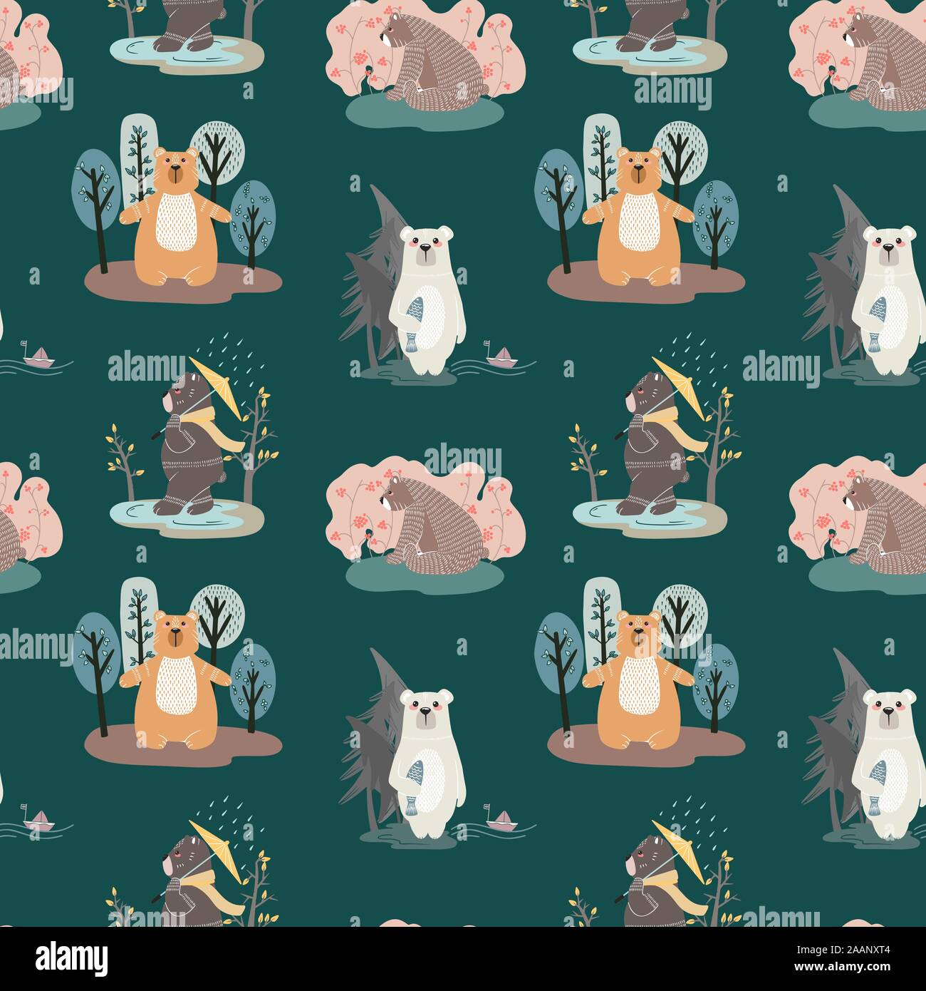 Seamless pattern with cute bears and different elements. Vector illustration in scandinavian style. Stock Vector