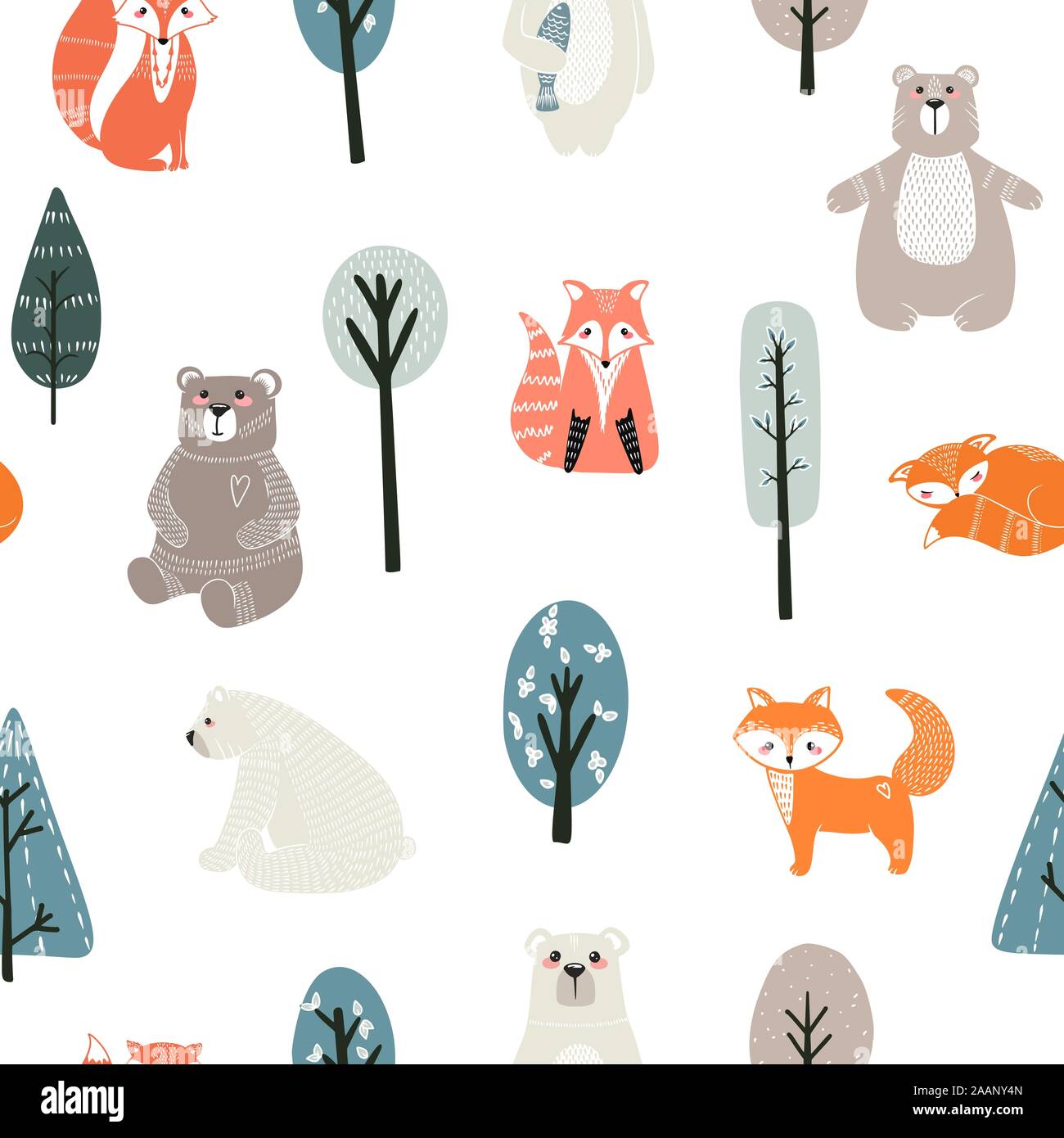 Seamless pattern with cute bears, foxs and different elements. Vector illustration in scandinavian style. Stock Vector