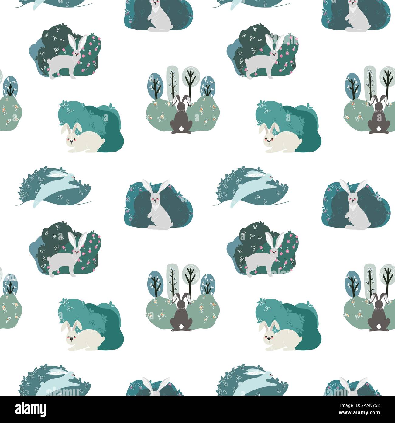 Seamless pattern with rabbit, hare and different elements. Illustration hand drawn in scandinavian style. Stock Vector