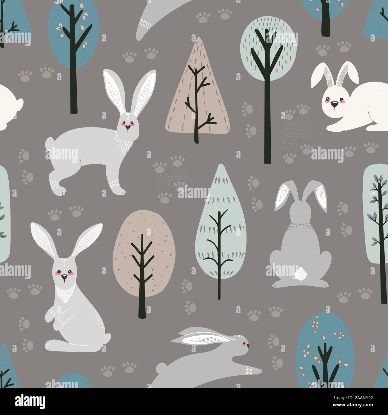 Seamless pattern with hare, rabbit and different elements. Illustration hand drawn in scandinavian style. Stock Vector