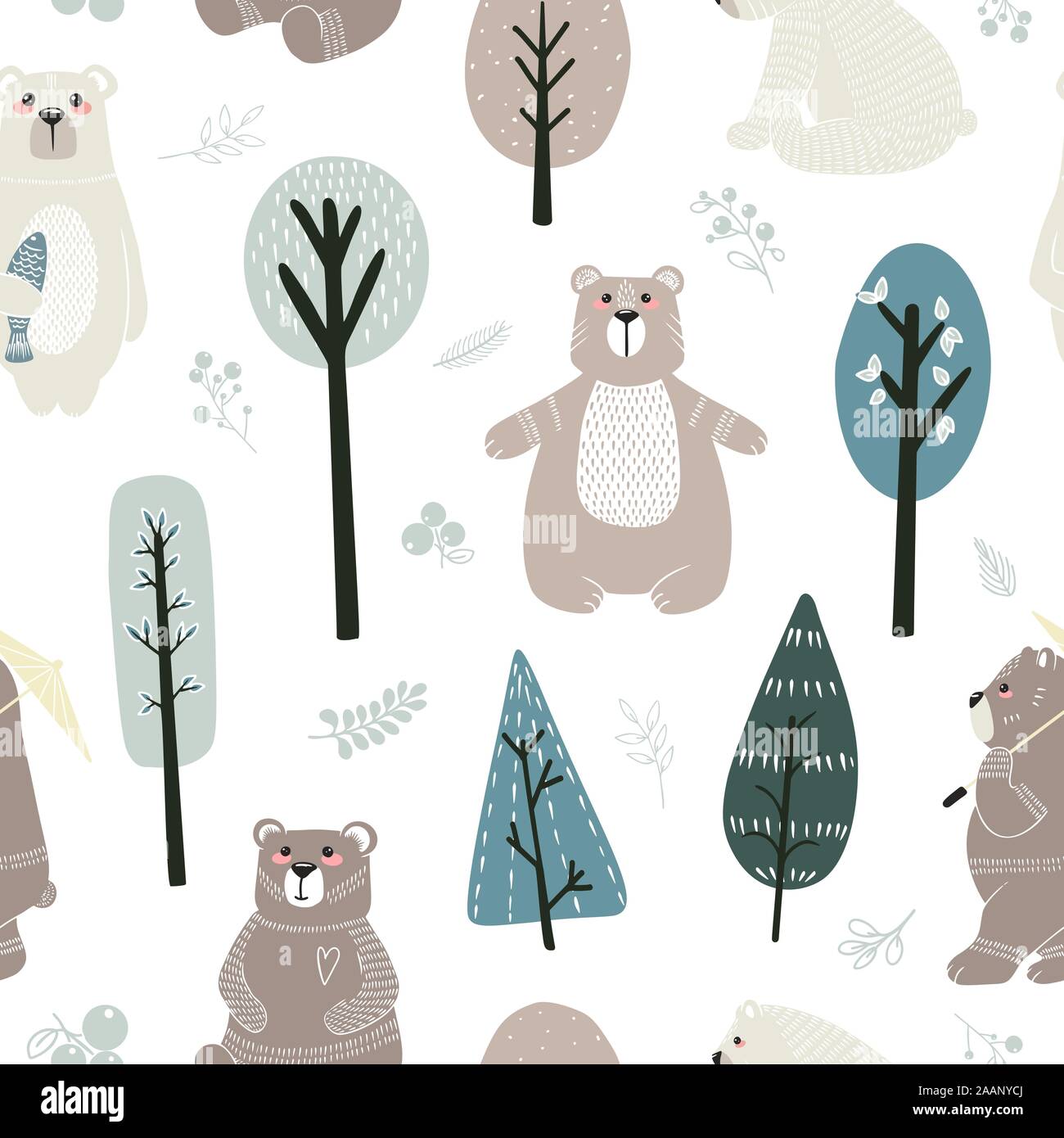 Seamless pattern with cute bears and different elements. Vector illustration in scandinavian style. Stock Vector