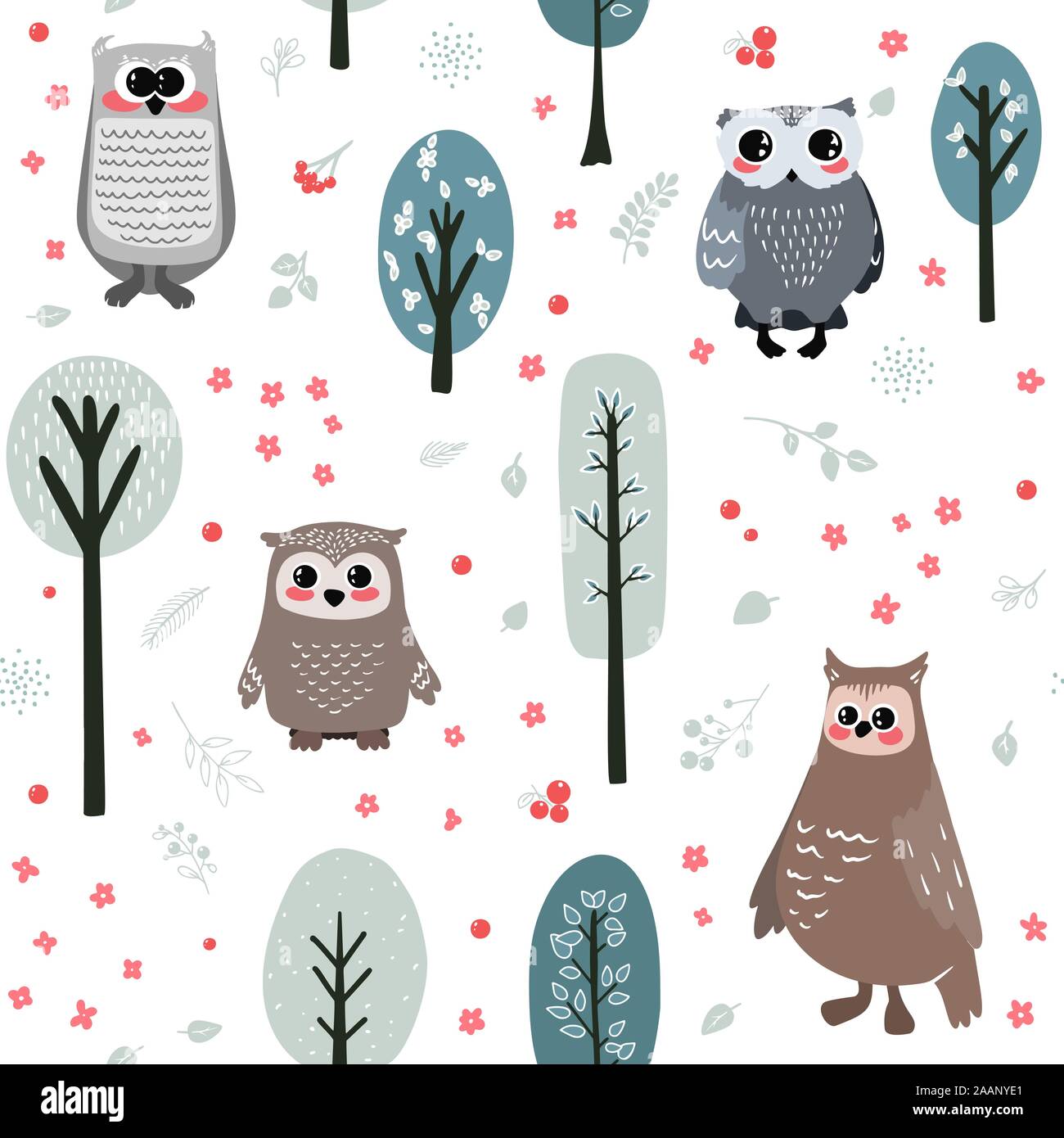 Seamless pattern with cute owl and different elements. Vector illustration in scandinavian style. Stock Vector