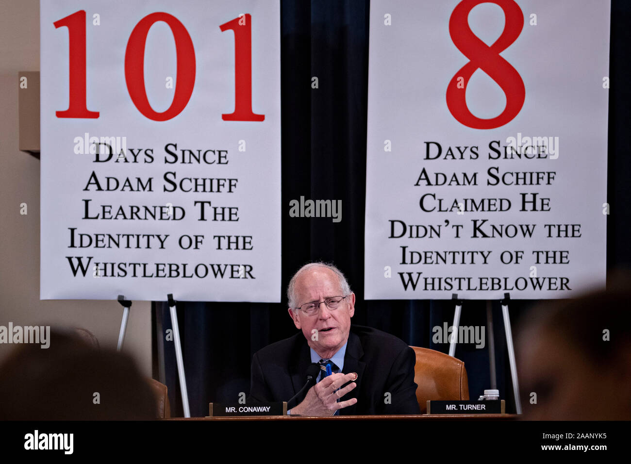 Washington, DC, USA. 21st Nov, 2019. United States Representative Mike Conaway (Republican of Texas), questions witnesses during a US House Intelligence Committee impeachment inquiry hearing in Washington, DC, U.S., on Thursday, Nov. 21, 2019. The committee heard from nine witnesses in open hearings this week in the impeachment inquiry into US President Donald J. Trump.Credit: Andrew Harrer/Pool via CNP | usage worldwide Credit: dpa/Alamy Live News Stock Photo