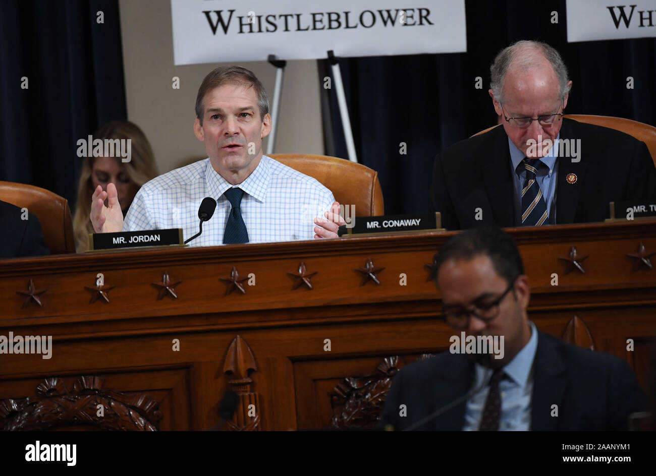 United States Representative Jim Jordan (Republican of Ohio) asks questions as David A. Holmes, Department of State political counselor for the US Embassy in Kyiv, Ukraine and Dr. Fiona Hill, former National Security Council senior director for Europe and Russia appear before the House Intelligence Committee during an impeachment inquiry hearing at the Longworth House Office Building on Thursday November 21, 2019 in Washington, DC. At right os US Representative Mike Conaway (Republican of Texas).Credit: Matt McClain/Pool via CNP | usage worldwide Stock Photo