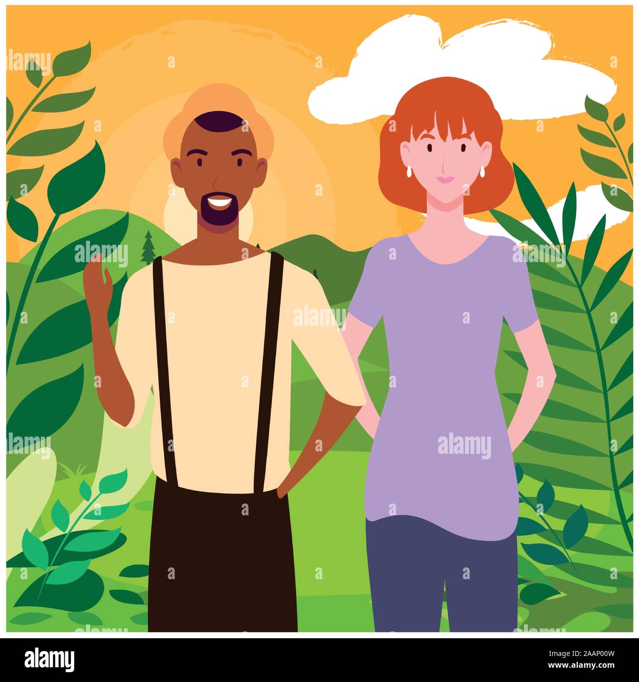 couple of people with background landscape vector illustration design Stock Vector