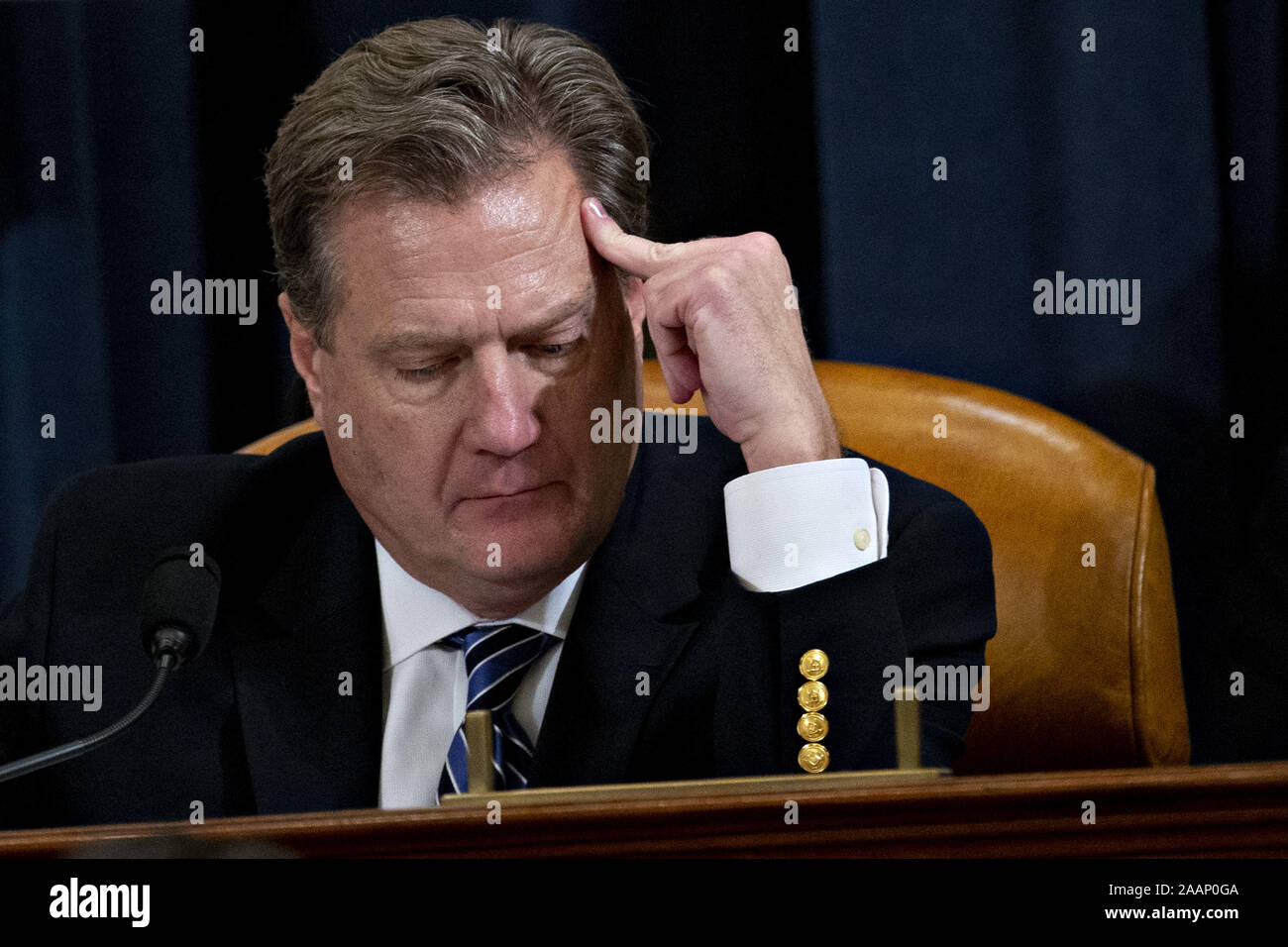 Washington, District of Columbia, USA. 21st Nov, 2019. United States Representative Mike Turner (Republican of Ohio), listens during a US House Intelligence Committee impeachment inquiry hearing in Washington, DC, U.S., on Thursday, Nov. 21, 2019. The committee heard from nine witnesses in open hearings this week in the impeachment inquiry into US President Donald J. Trump Credit: Andrew Harrer/CNP/ZUMA Wire/Alamy Live News Stock Photo