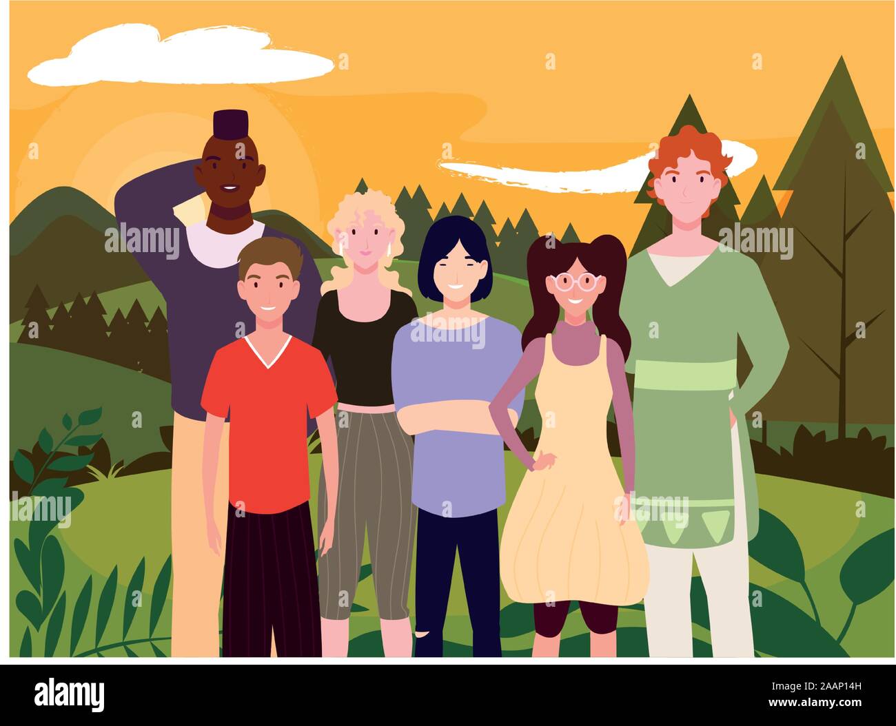 group of people with background landscape vector illustration design Stock Vector