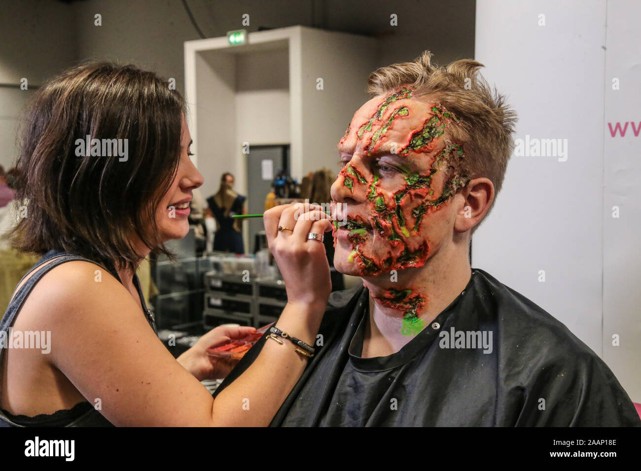Coventry, UK. 23rd Nov, 2019. The sixth annual event billed as The educational event for Prosthetic and media make up was held in Coventry Ricoh Arena A day full of talks and advice from top film industry professionals, beautiful body art, extraordinary exhibits, exciting competitions and shopping with leading specialist retailers. This is our sixth annual event which since its small beginnings has grown into THE annual makeup FX gathering Credit: Paul Quezada-Neiman/Alamy Live News Stock Photo