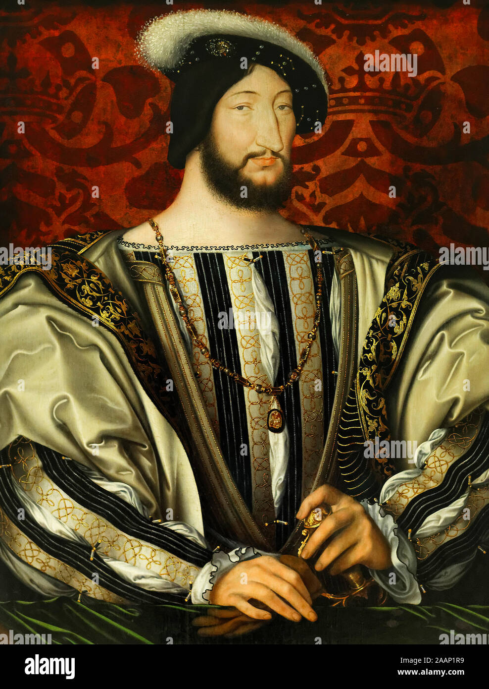 A portrait of Francis I (1494-1547) by painted by Jean Clouet, King of France from 1515 until his death in 1547.  A prodigious patron of the arts, he initiated the French Renaissance by attracting many Italian artists to work on the Château de Chambord, including Leonardo da Vinci, who brought the Mona Lisa with him, which Francis  acquired. His reign saw important cultural changes with the rise of absolute monarchy in France, the spread of humanism and Protestantism, and the beginning of French exploration of the New World. Stock Photo