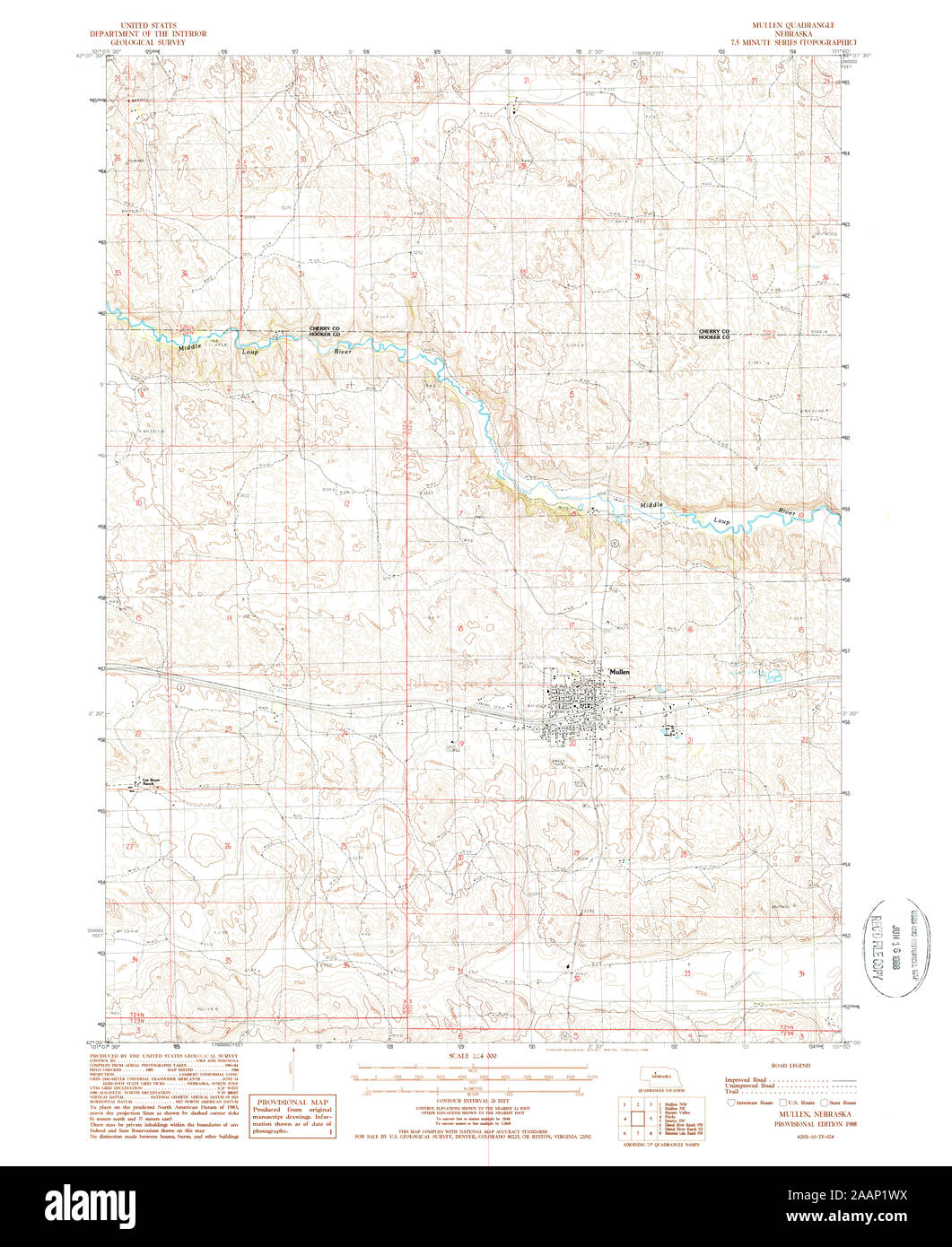 USGS TOPO Map Nebraska NE Mullen 316808 1988 24000 Restoration Stock Photo
