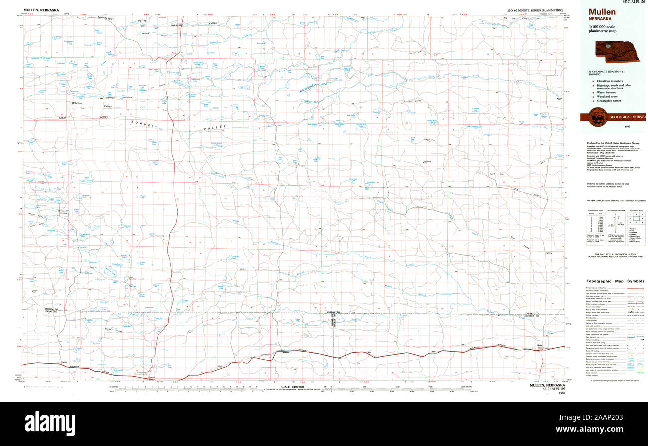 USGS TOPO Map Nebraska NE Mullen 317747 1985 100000 Restoration Stock Photo